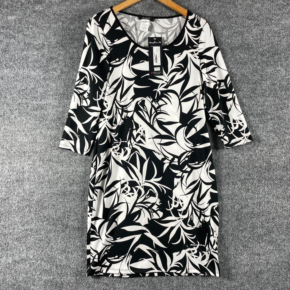 Sophie A Dress Womens Medium Black White Floral Print 3/4 Sleeve Shift Coastal